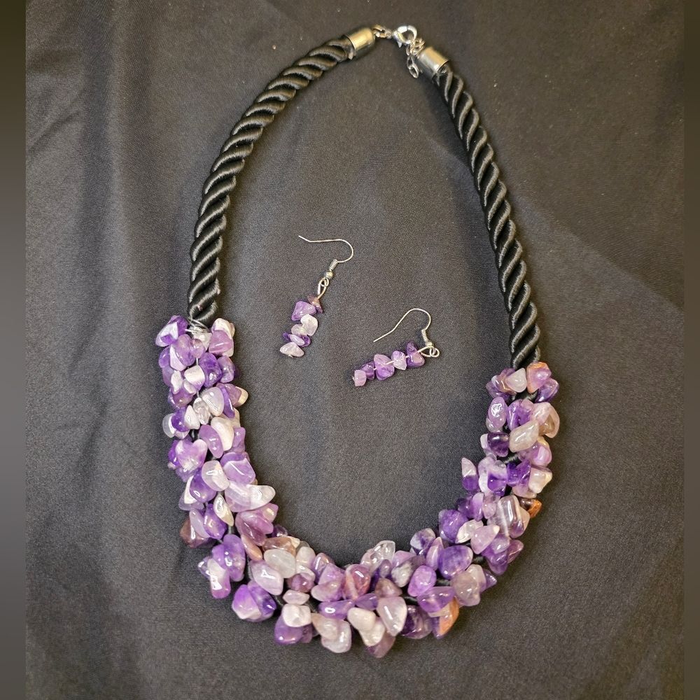 Chunky Amethyst Chip Bead Necklace & Earring Set